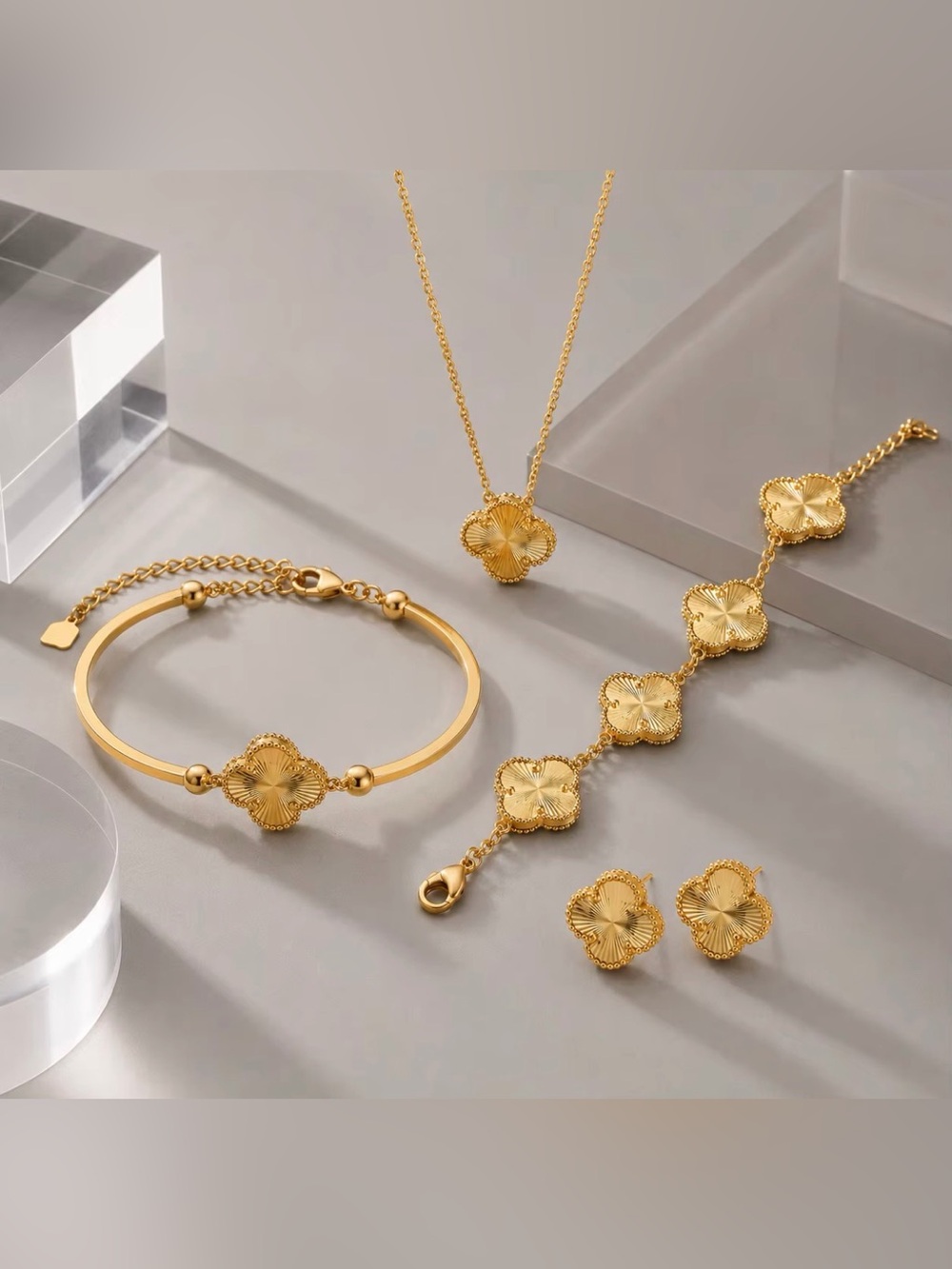 Gold Four-Leaf Clover Pendant Necklace and Bracelet SET OF 4 items - Picture 7 of 8